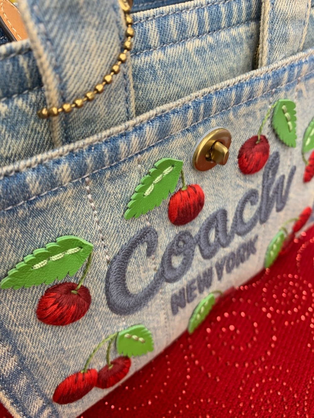 Coach Light Blue Denim Mini Tote with Red Cherry Embroidery - Picture 15 of 15